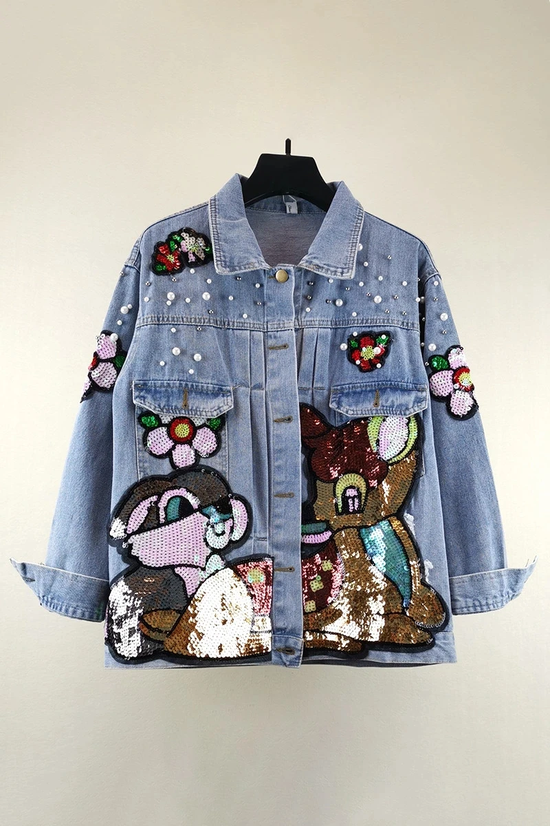 

Autumn New Korean Version Of Age-Reducing Net Red Same Heavy Industry Sequined Squirrel Loose Student Denim Short Jacket Female