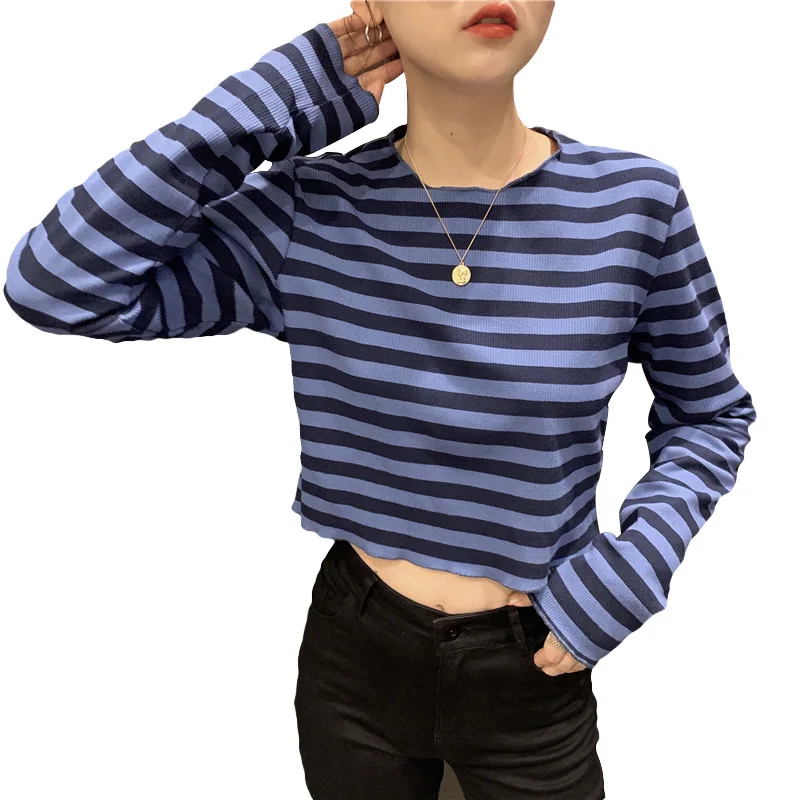 

Korean Style Chic Vintage Stripe Long-Sleeved T-shirt Women's Slim Fit Slimming Versatile Bottoming Shirt Early Autumn Crop-Top