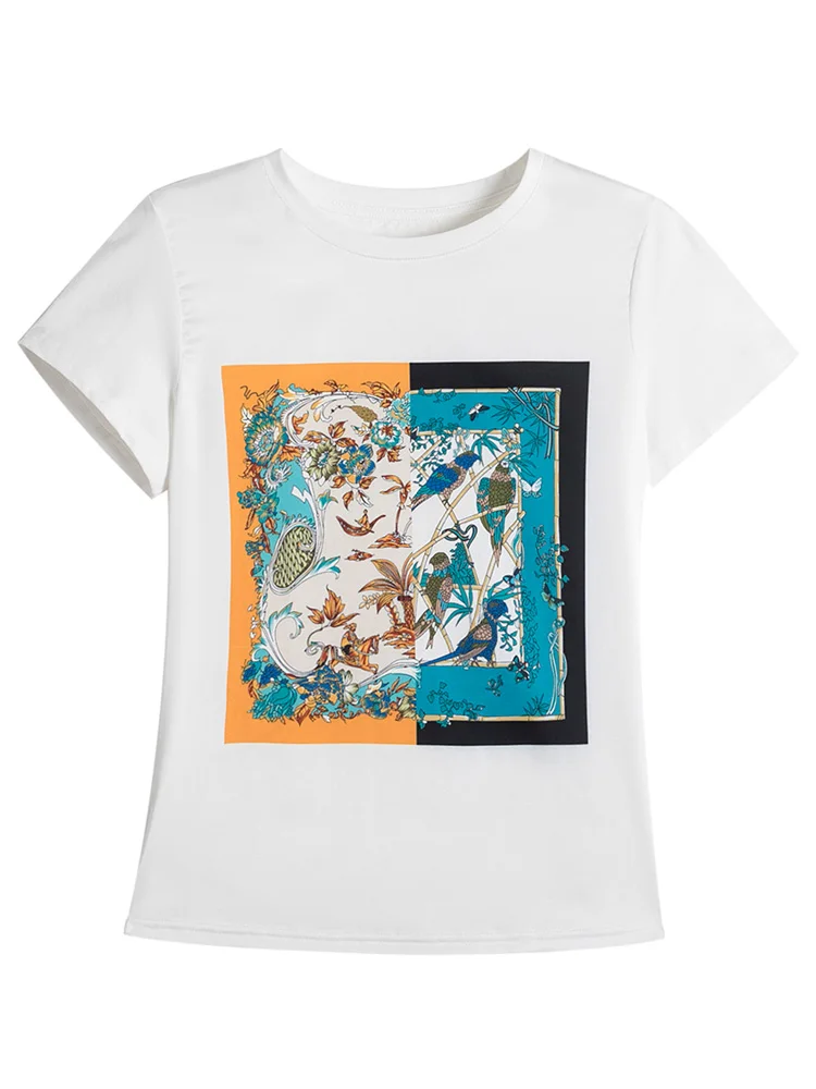 

2021 Vintage Print T Shirt Women Real Silk Patchwork Short Sleeved White Cotton T shirt New Summer Women's Plus Size Tee Tops