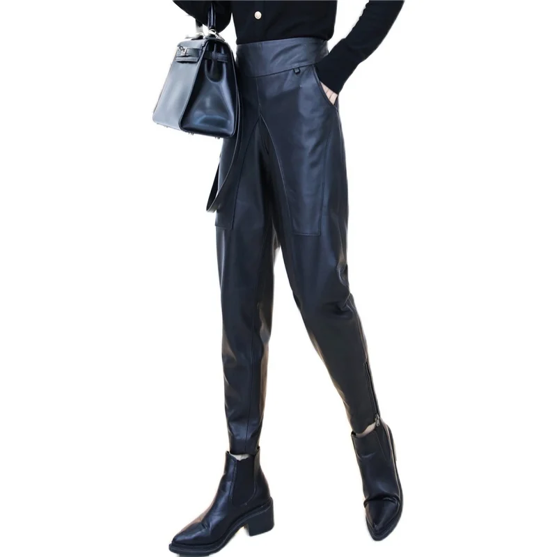

Sheepskin Harem Pants Office Lady High Waist Pockets Zippers Women Solid Black Genuine Leather Ankle-Length Pants Autumn Winter