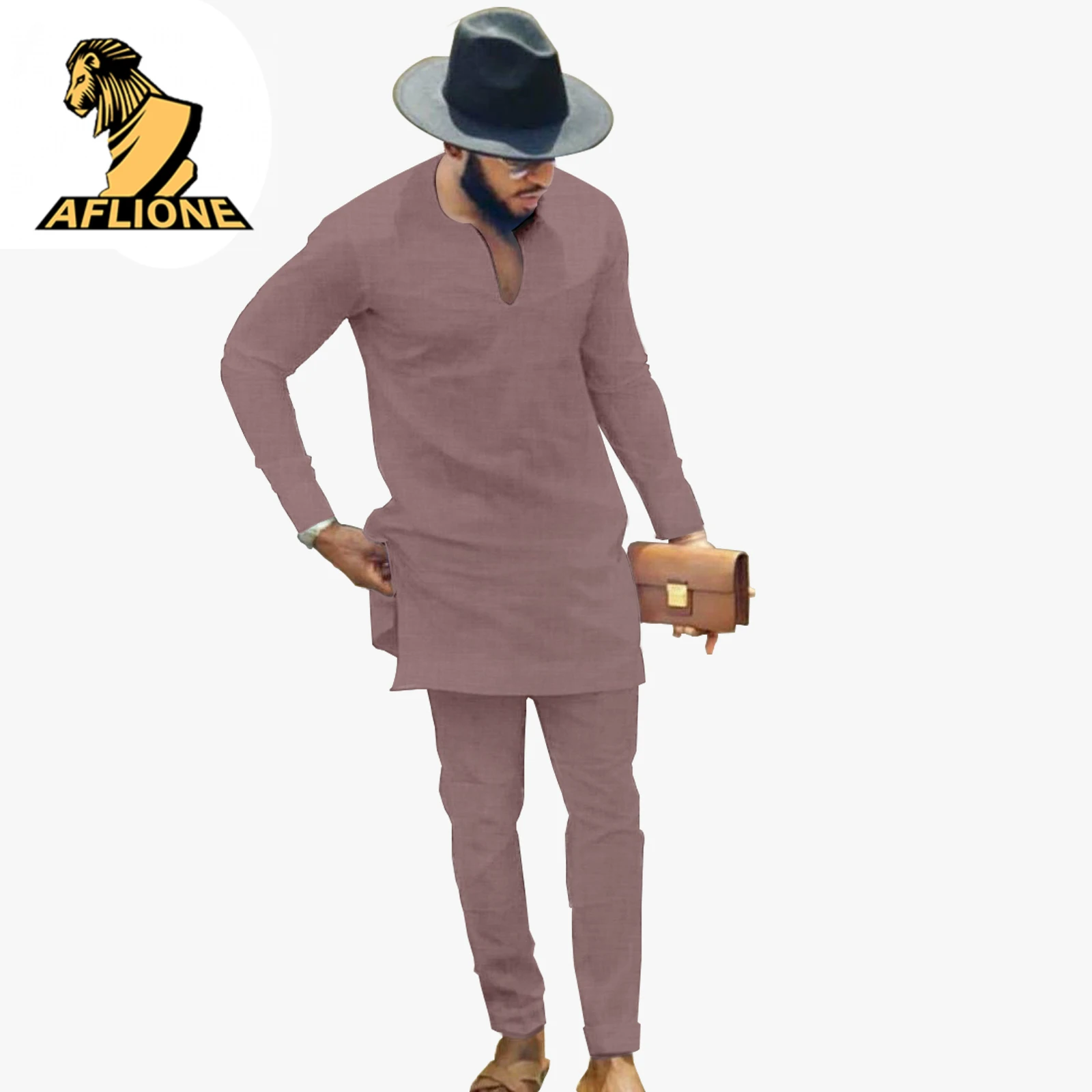 New Spring 2021 African Clothes For Men Dashiki Style Outfits For Men Matching Sets Solid Color V Collar Long Sleeve Robe Suit