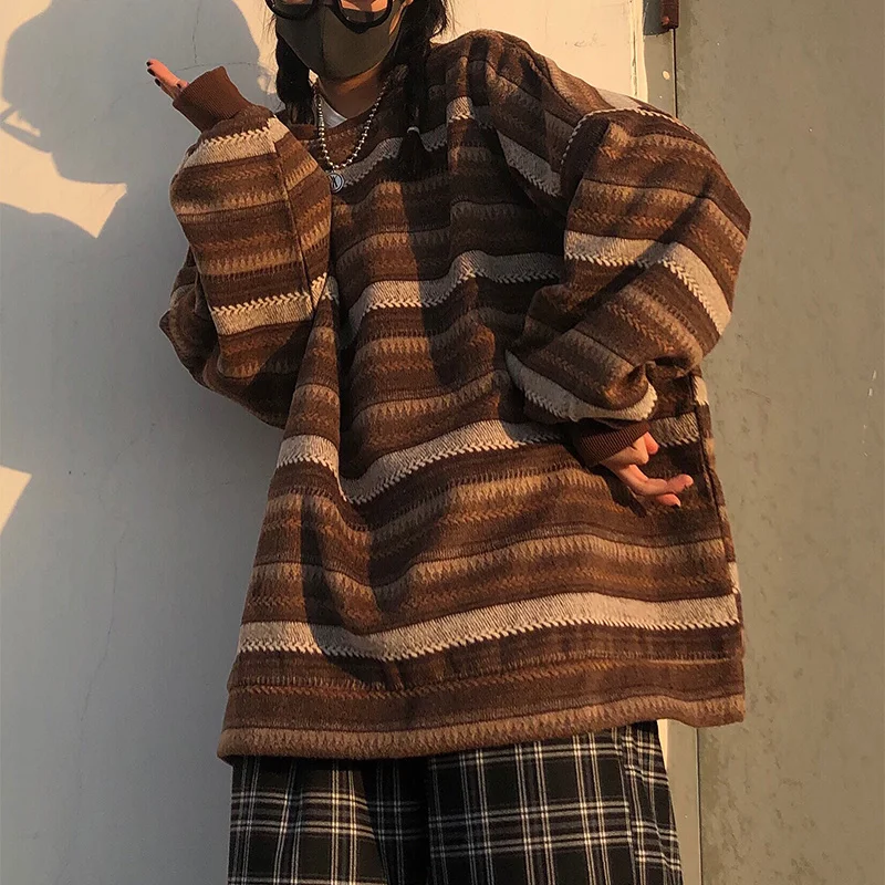

Полосатые свитера женские пуловеры оверсайз осенне-зимний вязаный свитер в стиле хип-хоп Ulzzang BF джемпер унисекс дамские Ретро парные Топы