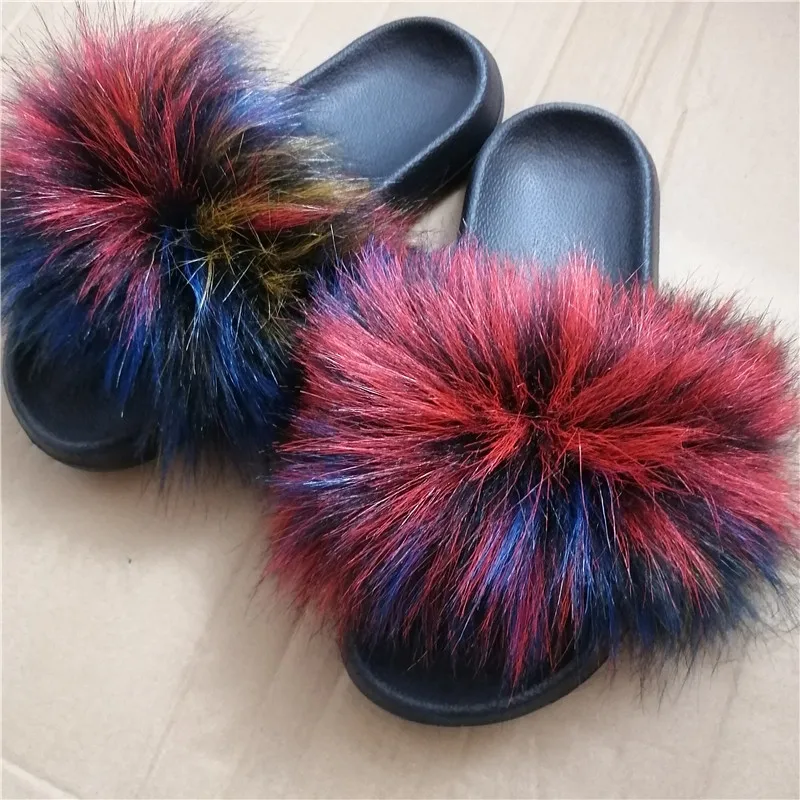 Женские летние пушистые Шлепанцы из искусственного меха сланцы енота меховые