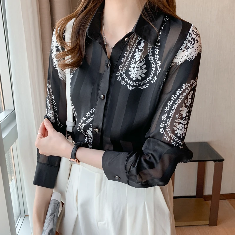 

Print Chiffon Women's Blouse Casual Plus Size Polo Shirt New Summer Button Lady Blusas Korean Loose Long Sleeve Top Houthion