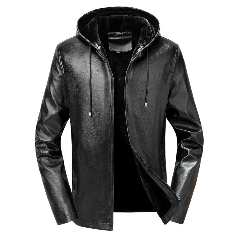 Мужская кожаная куртка с флисовой подкладкой теплая зимняя из искусственной