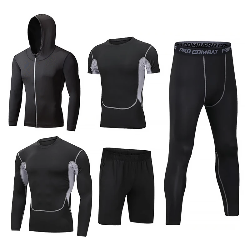 5pcs / Sets Men's Sportswear Man Rashguard Suit Male Kit MMA Compression Men's Clothing Long Sleeve T Shirt + Workout Leggings