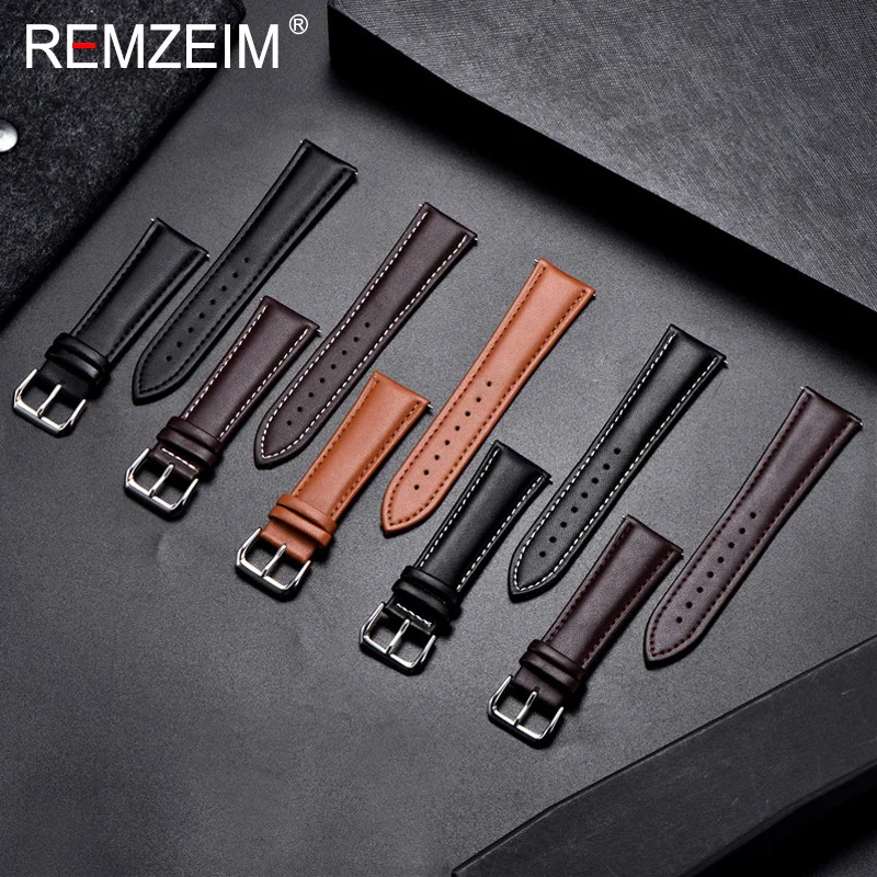 REMZEIM Watch Band Genuine Leather straps Watchbands 18mm 20mm 22mm 24mm Watch Accessories Women Men Brown Black Belt Band