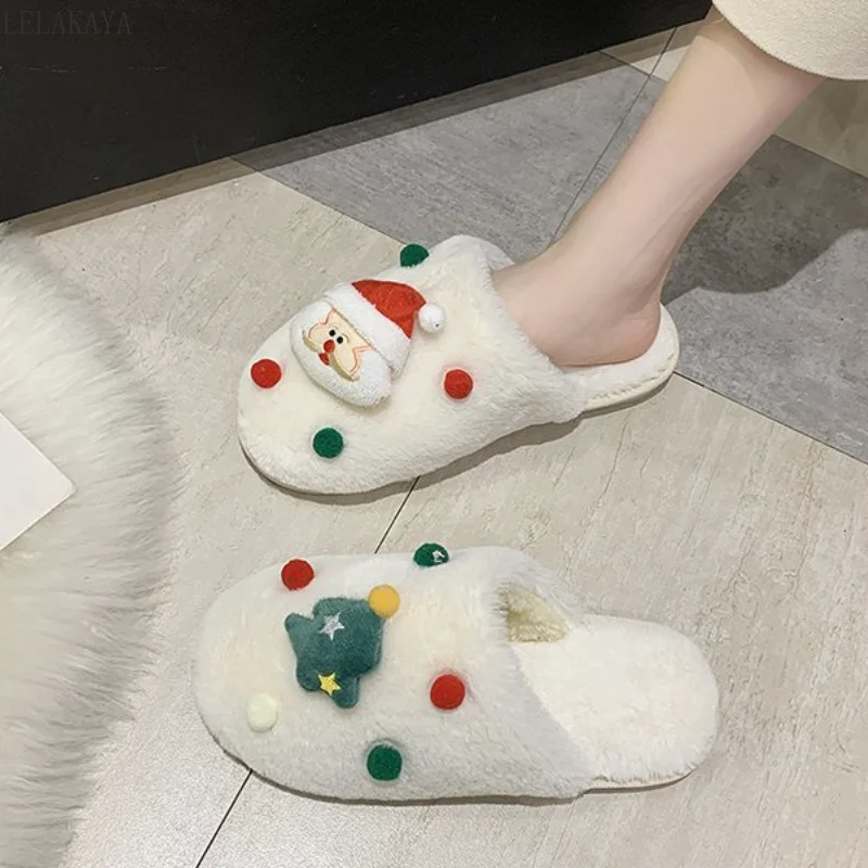 

Women Winter Warm Furry Slippers Christmas Soft Bottom Warm Home Plush Flip Flop Shoes Female Covered Toe Flat-heel Slippers NEW