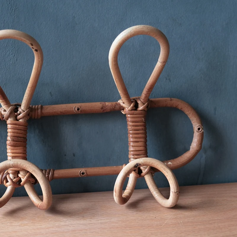 

Large Vintage Rattan Clothes Hanger Kids Garments Organizer Rack Rattan Wall Hooks Clothes Hat Hanging Hook Room Decor-ABUX