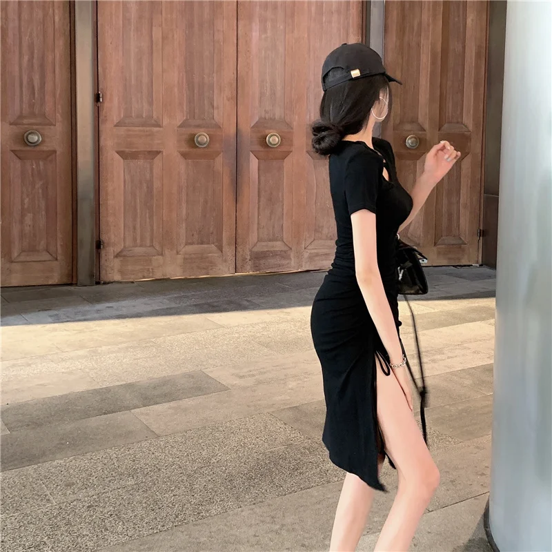 

Price Retro Slimming Short Sleeve Summer New Elegant Fold Split Tight Waist Mid-Length Sexy Dress