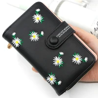 women long wallets 2021 fashion design embroidery daisy card holder large capacity pu coin purse simple zipper money bag wallets