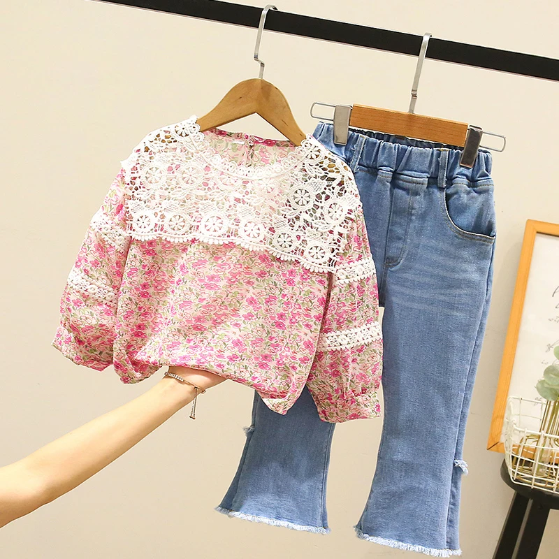 

Baby Girls Clothes Suit New Spring Kids Floral Shirt & Denim Pants 2Pcs Sweet Clothes for Teen Girls 6 8 10 12 14 Years 2021