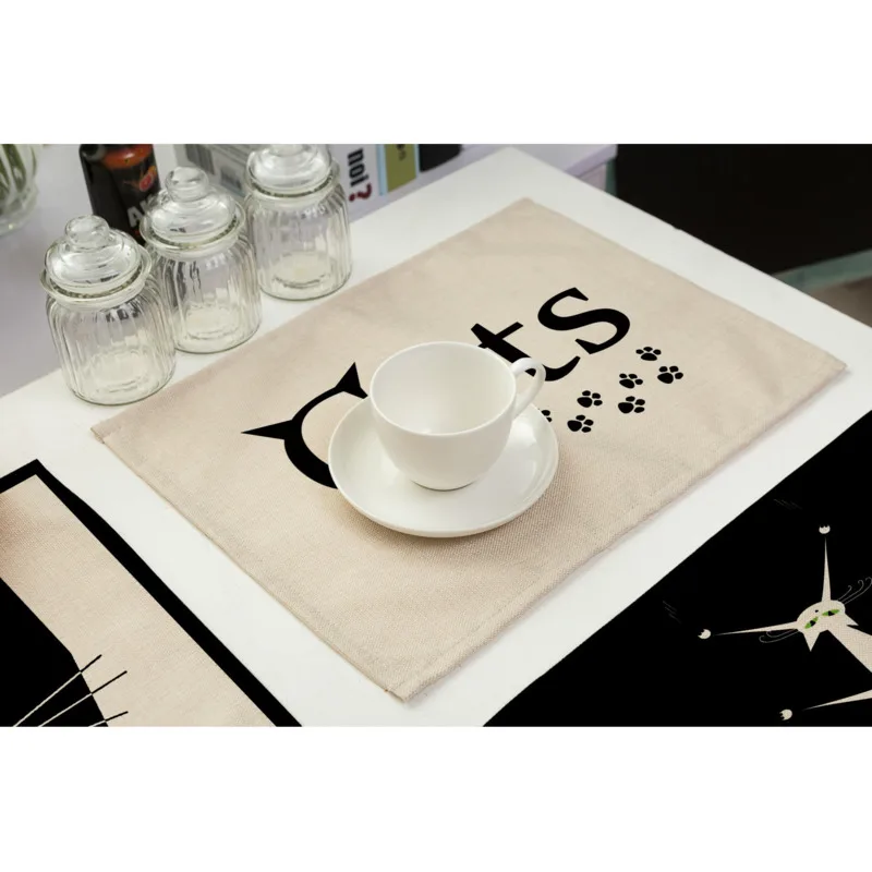Льняной Настольный коврик с принтом черной кошки для домашнего использования