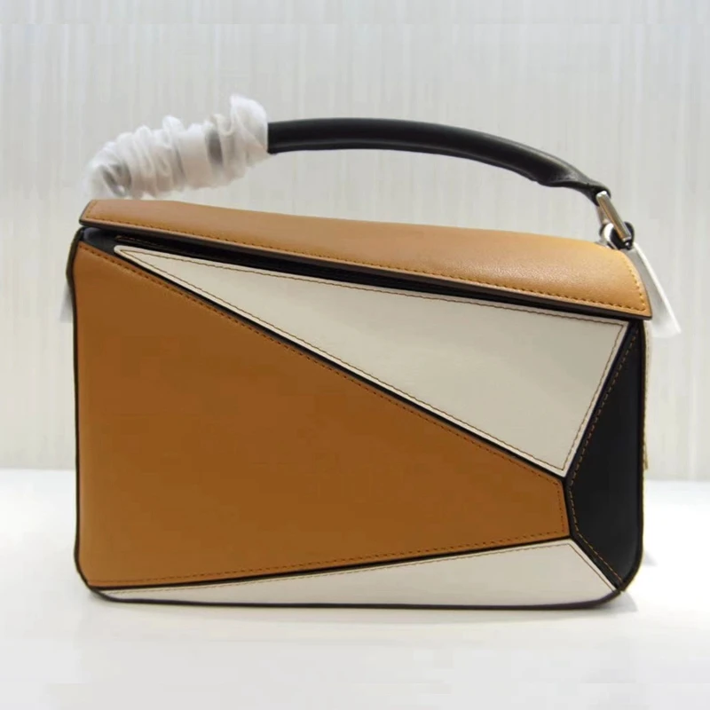 

Color-Blocking Geometric Bag 24cm Messenger Bag Fashion Lady Handbag Soft Leather High-Quality Wild Two-Layer Cowhide Boston