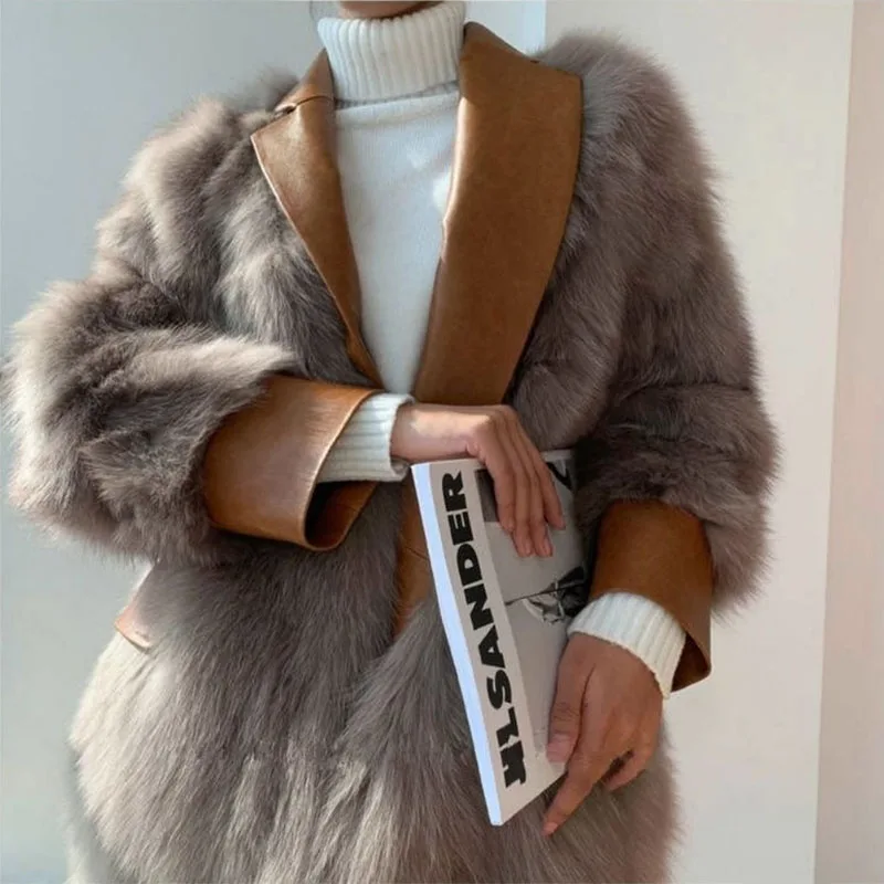 

Fashion New Faux Fur Coat Woman Autumn and Winter PU Stitching Imitation Fox Fur Jacket Women 2020 Long Sleeve Blazer women
