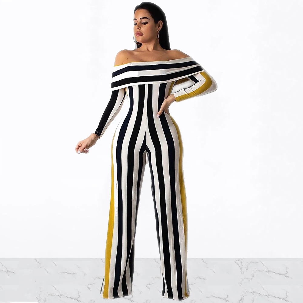 Женский полосатый с открытыми плечами рукавом бабочкой Slash шеи комбинезон