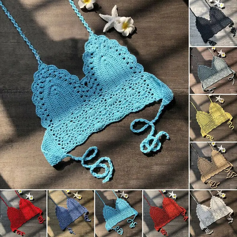 

Women Halter Crochet Cotton Blends Bikini Bralette Crop Top Bra Swimsuit for Summer SAL99