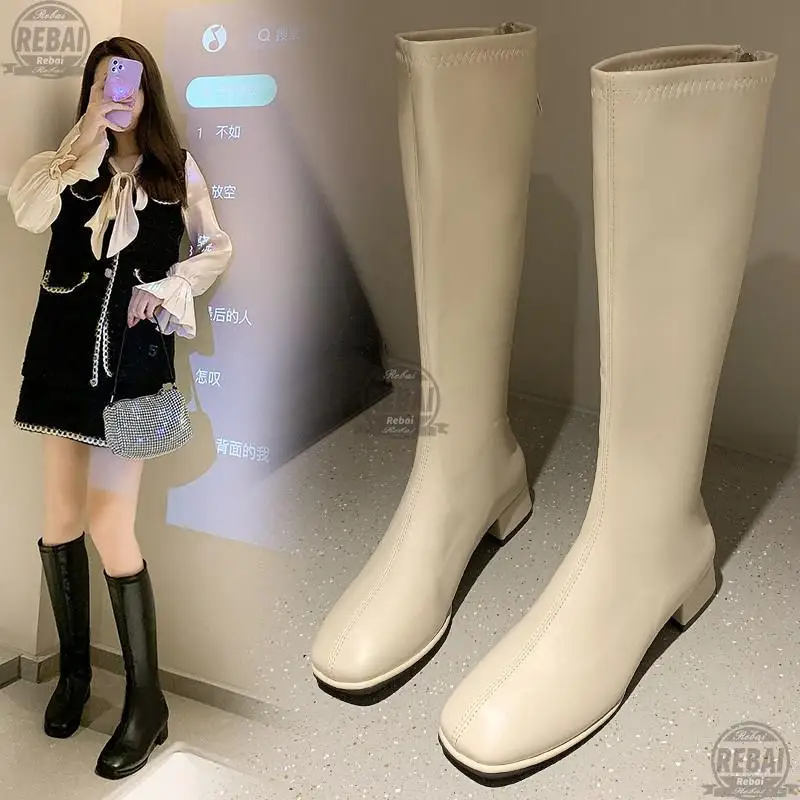 

Женские высокие сапоги до бедра, бежевые сапоги до колена на низком каблуке, из мягкой кожи, с квадратным носком, вечерние сапоги, зима 2021