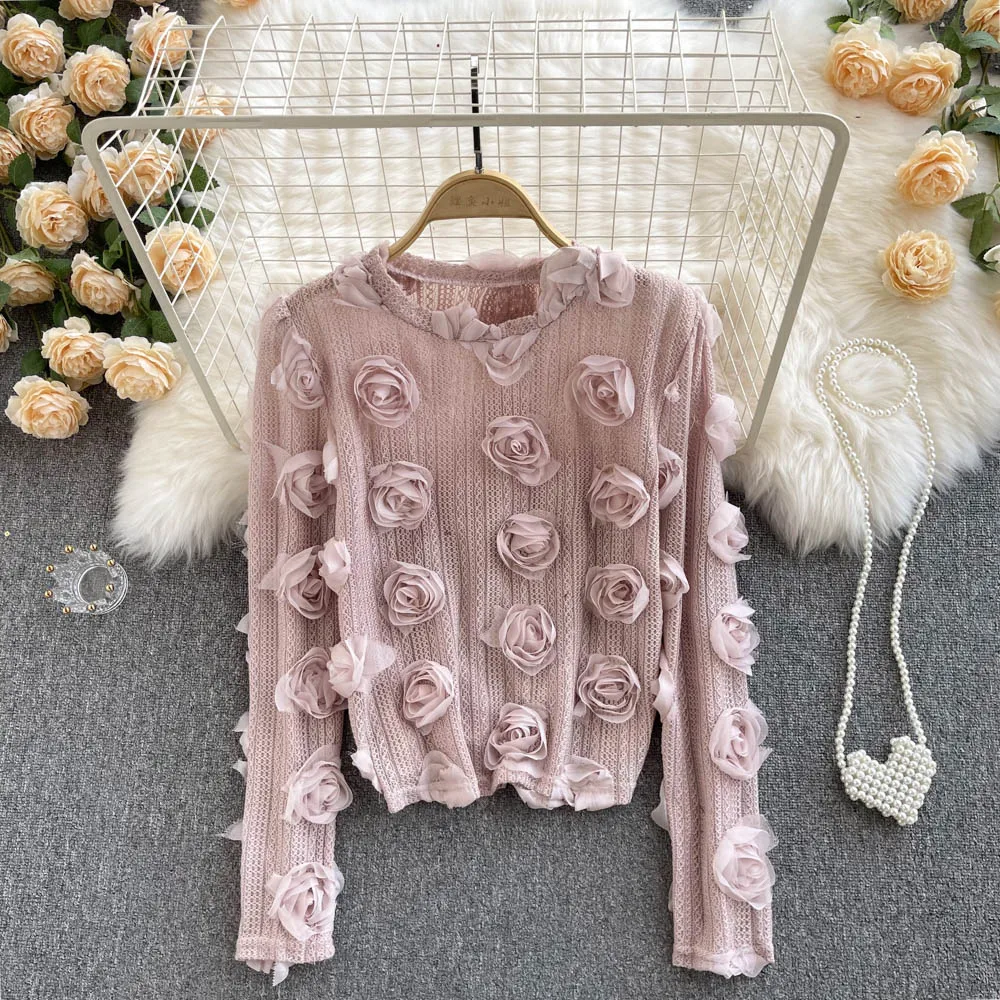 

C354 Women New Fashion Autumn Round Neck Sweet 3D Flowers Chic Blouse Hollow Long-sleeved T-shirt Solid Color Tee Tops Mujer