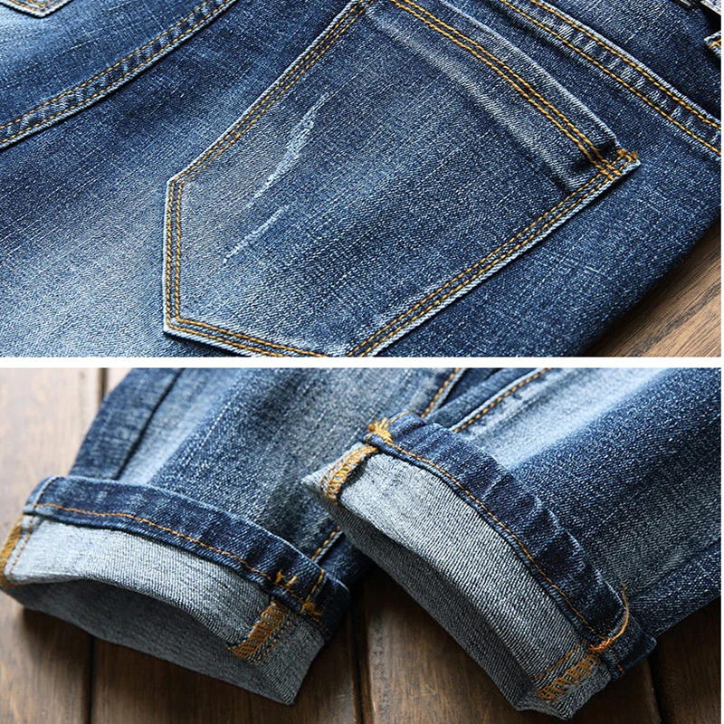 

2021 European New Blue Hole Slim Men's Jeans Straight Casual Men's Jeans Fashion