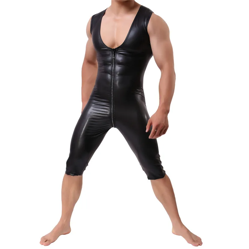 PU Leather Men Undershirts Catsuits Zipper Jumpsuits Bodysuits Wrestling Singlet Leotard Black Wet Look Stage Dance Clubwear