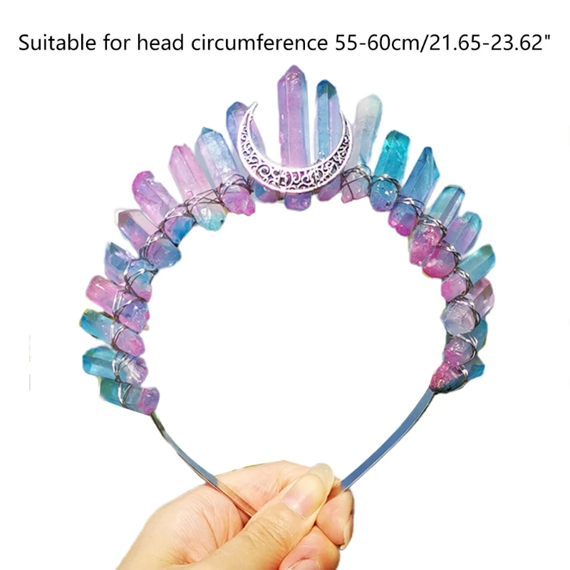

Romantic Colorful Jewelry Tiara Crown Rainbow Raw Quartz Crystal Headband Ethnic Antique Crescent Moon Metal Hair Hoop