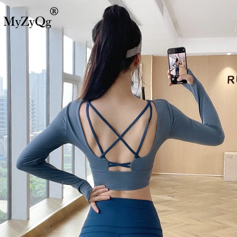 

Autumn and Winter Yoga T-shirts Chest Pads Nude Long Sleeve Sports Tops Women Fitness Sweat-absorbent Short Beauty Back