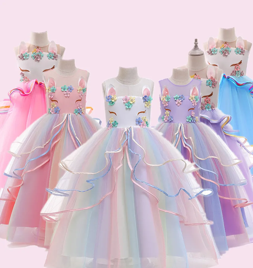 

Baby Girl Unicorn Dress Flower Appliques Ball Gown Little Girl Princess Dresses Elegant Party Costumes Children Clothing