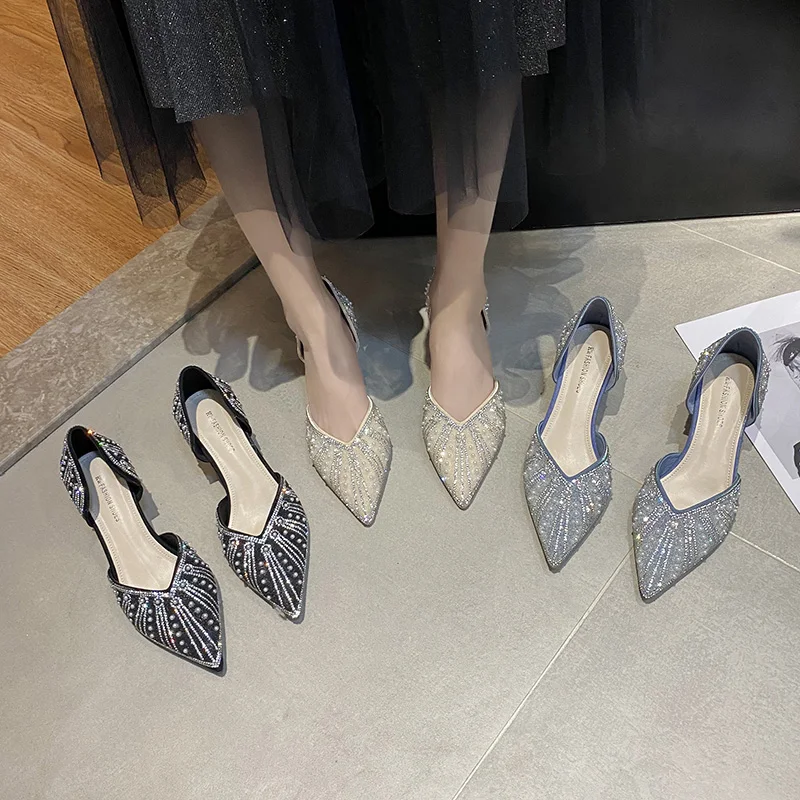 

Retro Women Shoes Branded Pumps 3cm Heels 2021 Pointed Wedge Slip On Sexy Sandals Roman Style Footwear Lace-Up Crystal Fashion 5