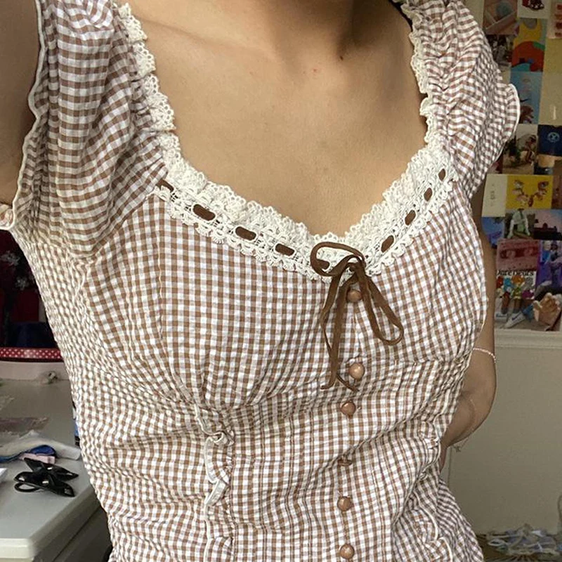 Y2k Kawaii Sweet короткий топ Fairycore Gunge Ретро клетчатая кружевная рубашка с оборками на