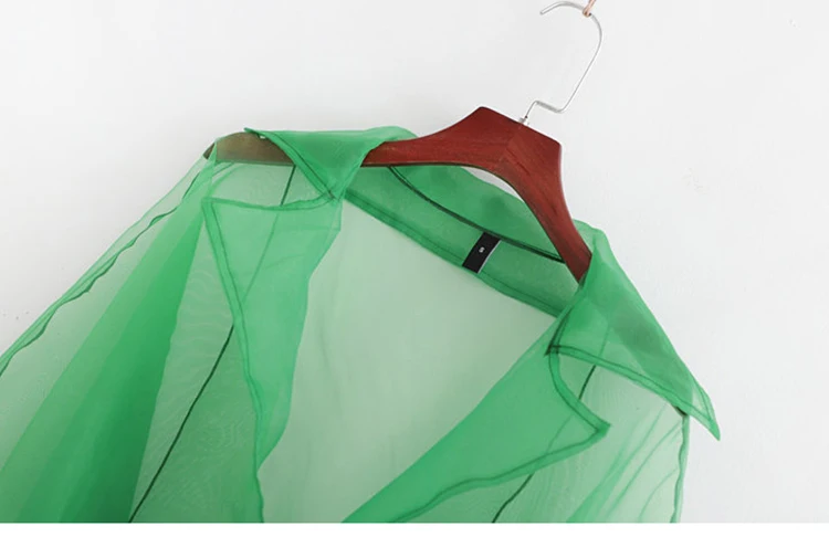 

Woman Perspective Turn Down Collar Organza Windbreaker Travel Belted Organza Gauze Spliced Sun Protection Lace Up Cardigan Tops