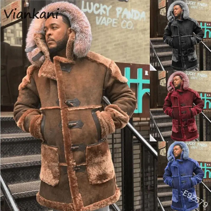 

Faux Fur Coat Mens Plus Size Long Sleeve Jacket Winter Fashion Single Breasted Hooded Tops Vintage Zipper Pockets Long Coat Men