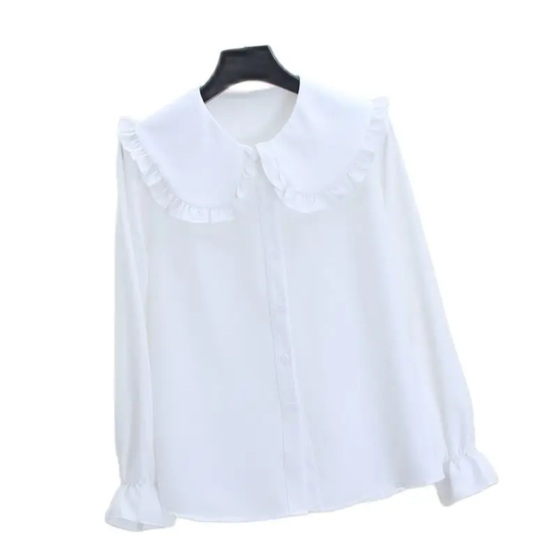 

Korean Fashion White Pink Collar Blouses Shirt Women Lolita Style Oversized Chiffon Long Sleeve Tops Shirts Schoolgirl