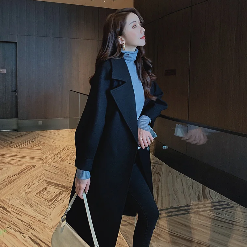 

S-2xl Fashion Slim Wool Overcoat Female 2020 Free Shipping Ladies Formal Winter Jackets Blue Loog Wool Coat With Belt