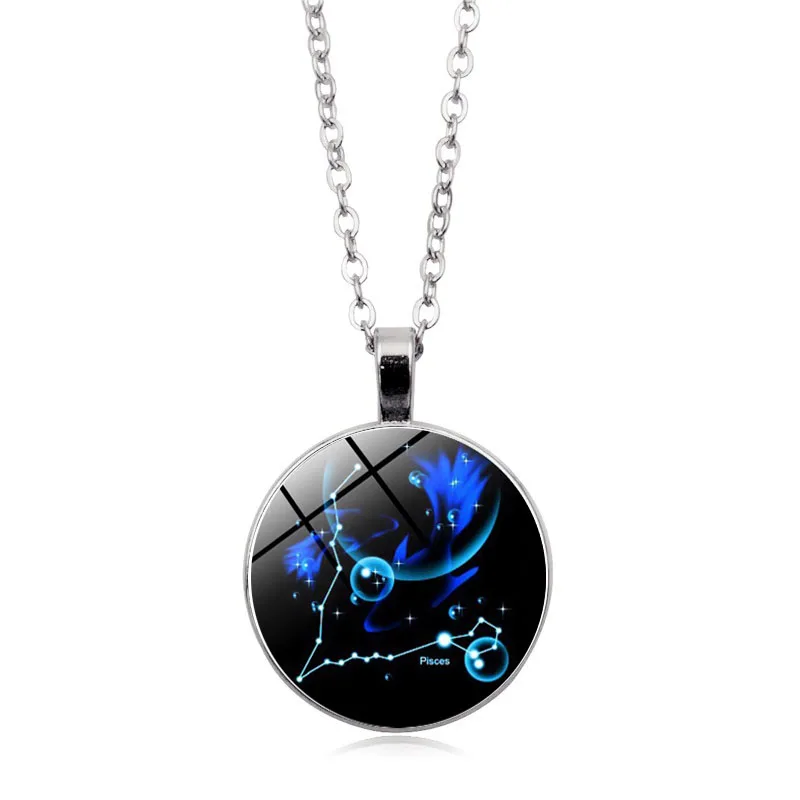 

12 Zodiac Sign Twelve Constellation Glass Cabochon Pendant Necklace Aquarius Pisces Aries Taurus Gemini Pendant