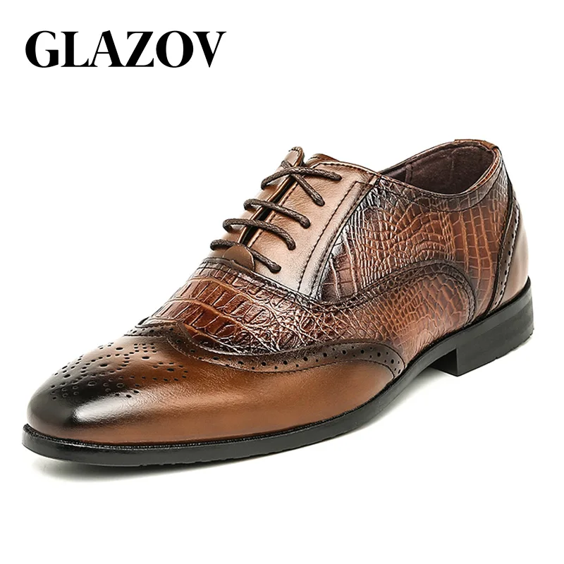 

GLAZOV Autumn Winter Mens Dress Shoes Genuine Leather Buckle Lace Up Wedding Brogue Formal Oxfords Business Office Shoes for Men