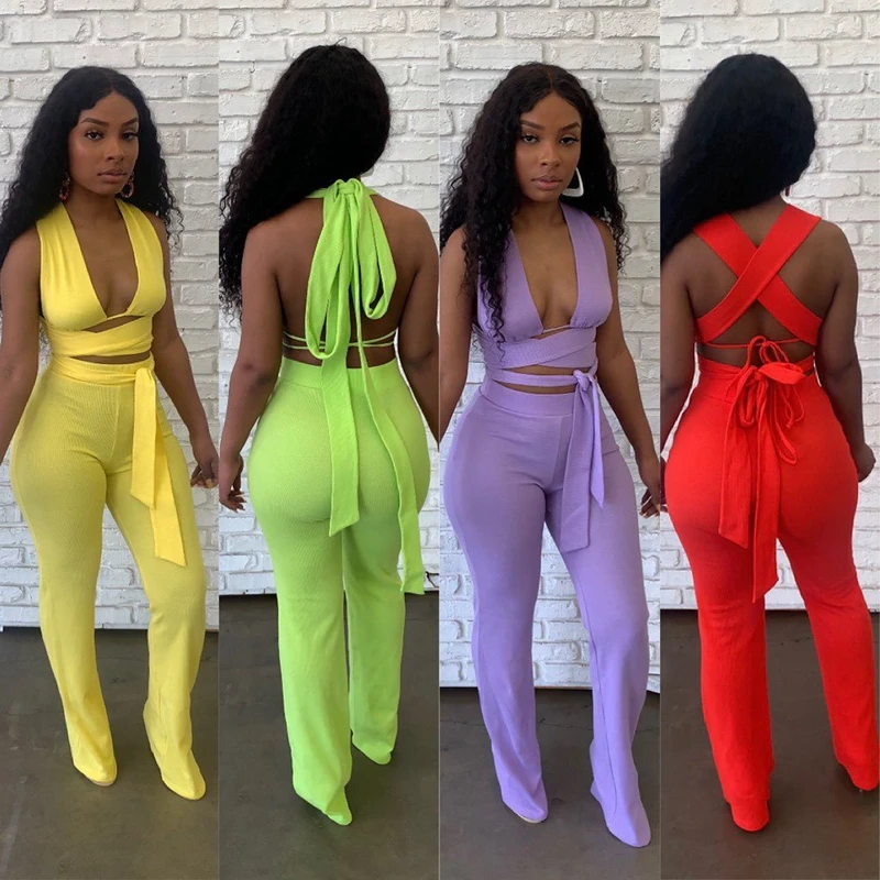 

Sexy Two Piece Set Bandage Halter Crop Top High Waist Wide Leg Pants Club Outfits for Women Rave Summer Matching Sets