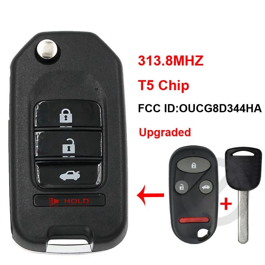 3+1/4 Button Upgraded Folding Flip Remote Car Key Fob 313.8MHZ with T5 Chip FCC ID: OUCG8D344HA for Honda CR-V 2002 2003 2004 | Автомобили