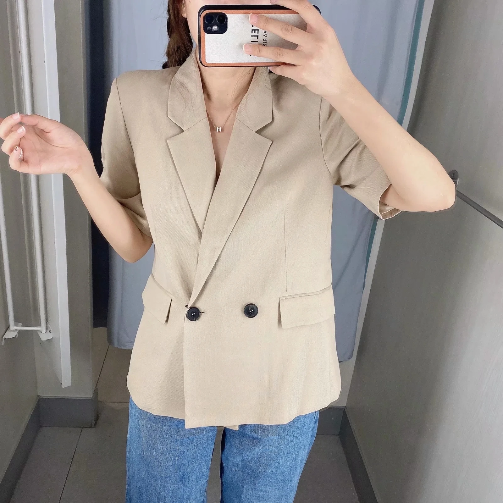 

Весна 2021 Новый однотонный двубортный блейзер в евро-американском стиле с карманами и короткими рукавами