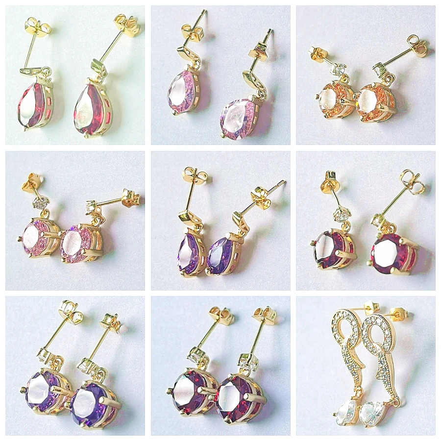 

Round Water Drop Square Stud Earrings for Women and Girls White Red Purple Champagne Red Zircon Earings Simple Gifts Jewelry