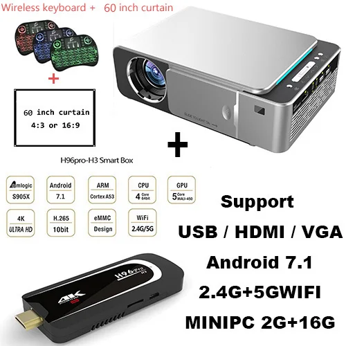 Byjotech T6 1080P светодиодный проектор 3500 люмен 1280x720 Портативный проектор Android 7,1 дома Театр WI-FI 2.4G5G 60 дюймов сенсорный экран - Цвет: H3 Keyboard Curtain