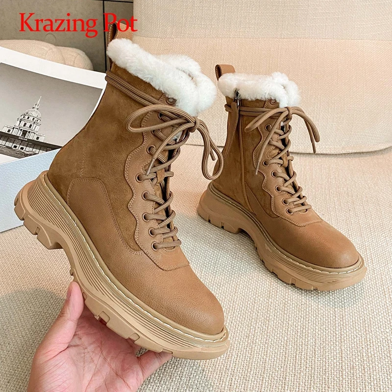 

Krazing pot new arrival snow boots sheep suede sewing winter warm round toe thick med heel lace up comfortable ankle boots L33