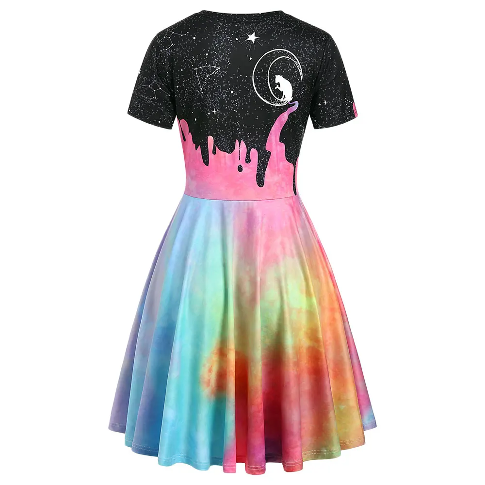 Винтажное платье трапециевидной формы с объемным принтом кота Луны и галактики
