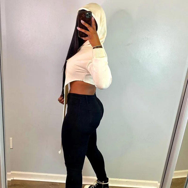BOOFEENAA Solid Trendy Hoodies Casual Asymmetric Long Sleeve Crop Top T Shirt Streetwear Women Sweetshirts Wholesale C85-CZ29