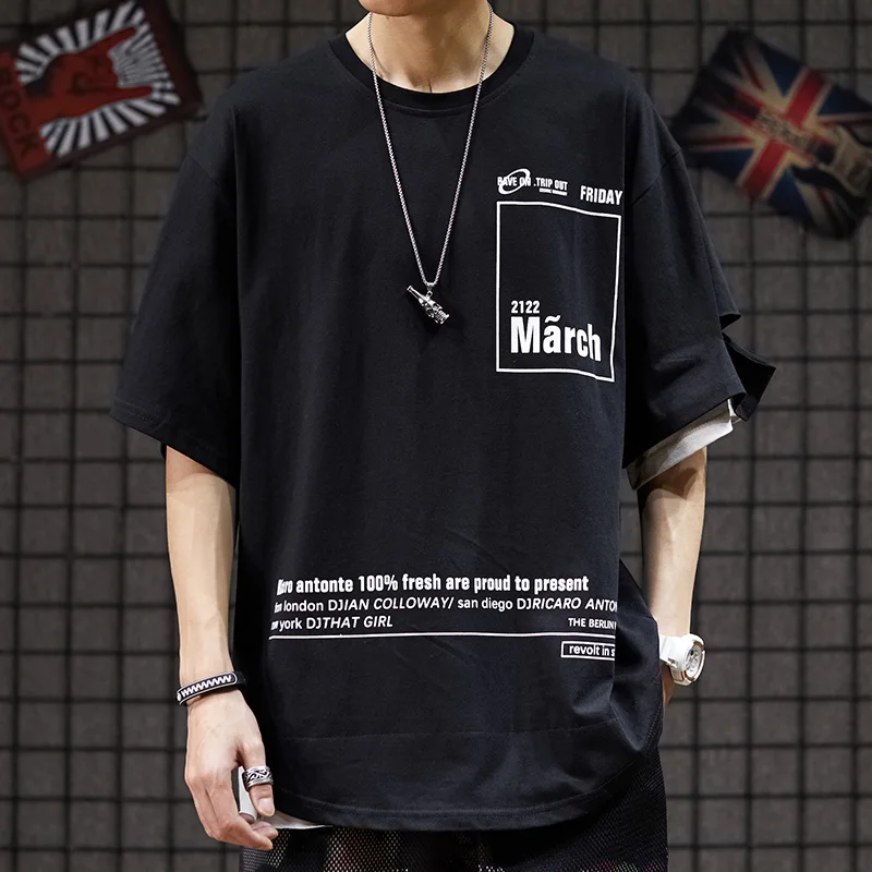 Hip Hop T Shirt Men Clothing Streetwear Oversize Tshirt Fake Two Pieces Of Harajuku Short Sleeve Fashion Korean Style Clothes | Мужская