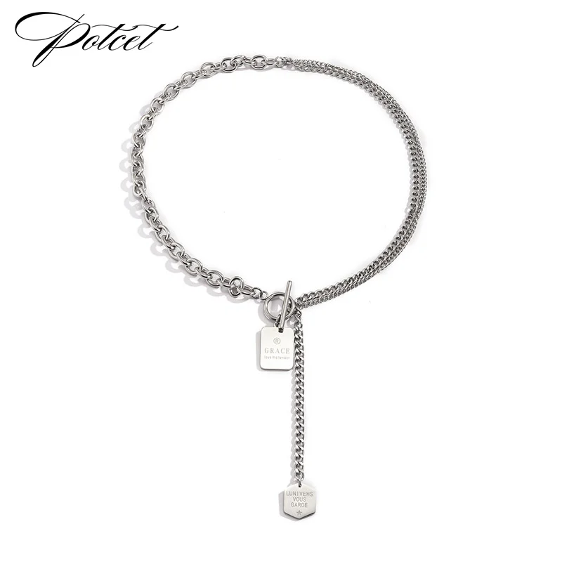 

POTCET Unisex Stainless Steel Double Letter Tag Titanium Steel Necklace Pendant Geometric Retro Fashion Hip Hop Party Jewelry