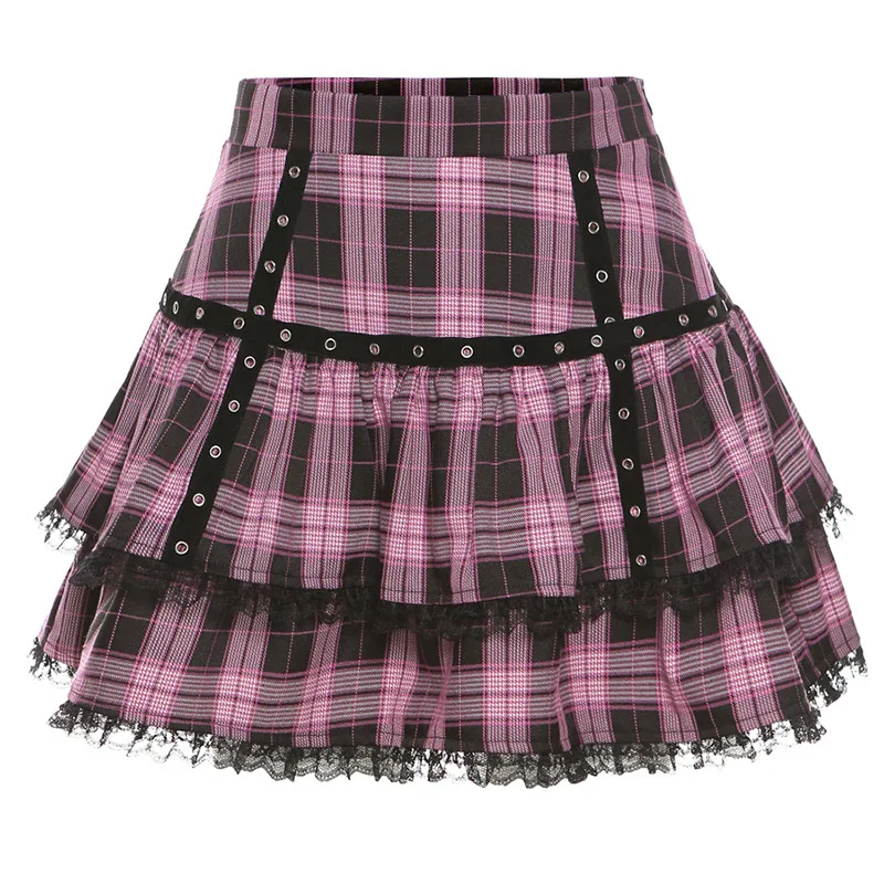 

Lolita Cake Mini Skirts Gothic Japanese Harajuku Girls Purple Pink Plaid Pleated Skirt Punk Sweet Lace Kawaii Cosplay Costume