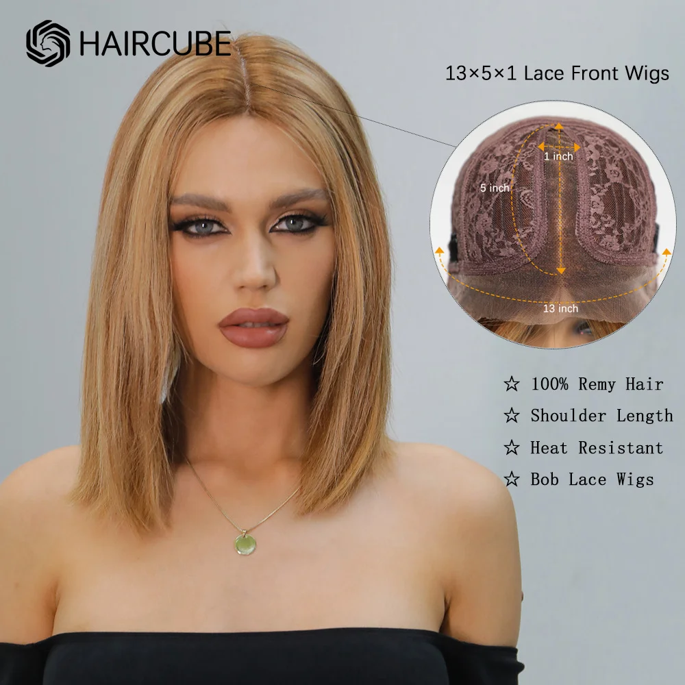 

Парик HAIRCUBE светлый на сетке 13 × 1 Боб, парики из человеческих волос на сетке спереди для женщин, длина плеч, коричневые волосы Remy, термостойки...