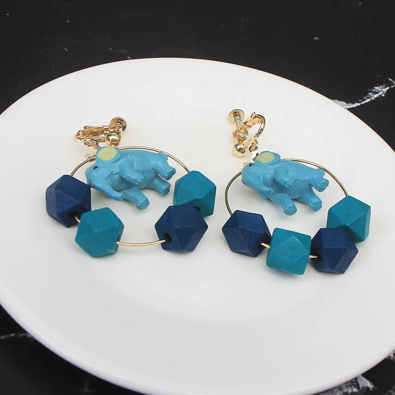 Серьги-клипсы с животным большим кулоном слоником бирюзовыми синими клипсами