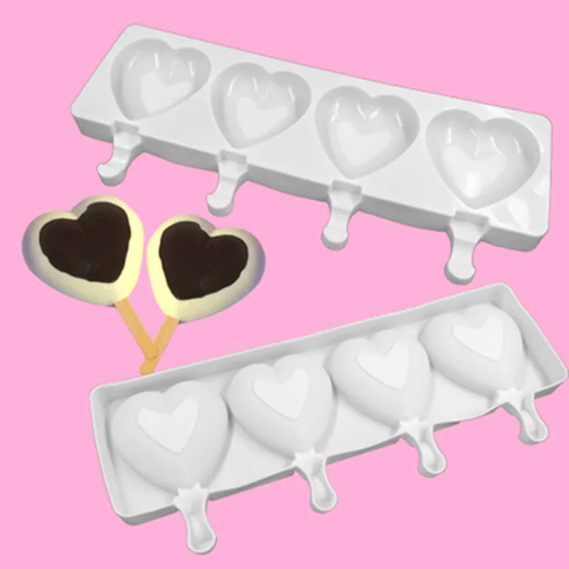 

3/4 Cavity Love Heart Shape Ice Cream Silicone Molds 4 Cavity Popsicle Mold DIY Homemade Baking Desserts